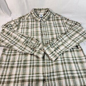 Old Navy Men's XXL Button Up Slim Fit Plaid Linen Cotton Green White Pocket VG